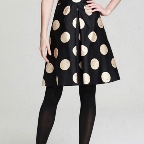 Kate Spade Holly Pleated Knee-Length A-Line Skirt Black & Cork Polka Dots 12 NWT - Picture 1 of 9